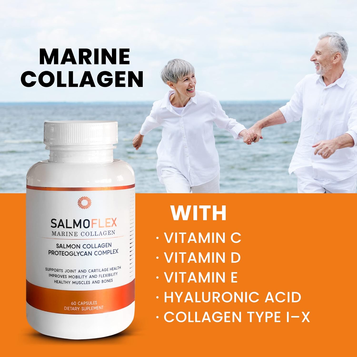 Salmon Collagen Supplement with Hyaluronic Acid, Vitamin C, D, E - Bone & Joint Support - Hair, Skin, Nail Vitamins - 60 Capsules (2 Pack)
