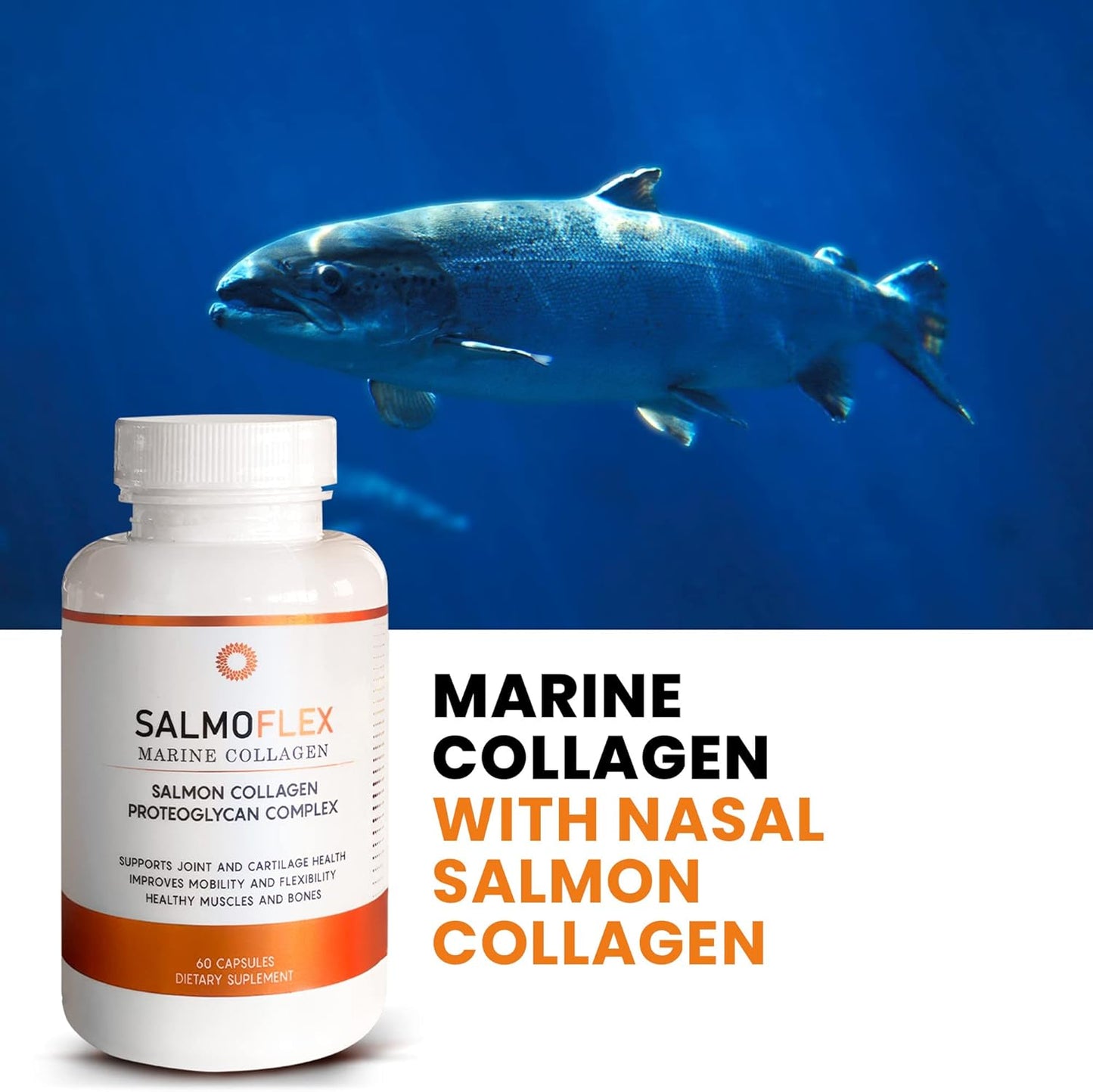 Salmon Collagen Supplement with Hyaluronic Acid, Vitamin C, D, E - Bone & Joint Support - Hair, Skin, Nails Vitamins - 180 Capsules