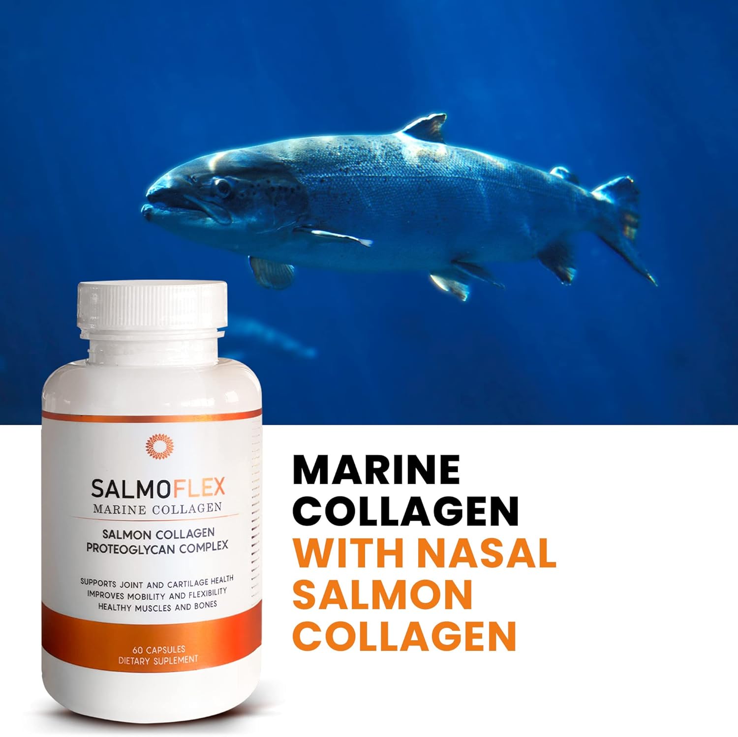 Salmon Collagen Supplement with Hyaluronic Acid, Vitamin C, D, E - Bone & Joint Support - Hair, Skin, Nail Vitamins - 60 Capsules (2 Pack)