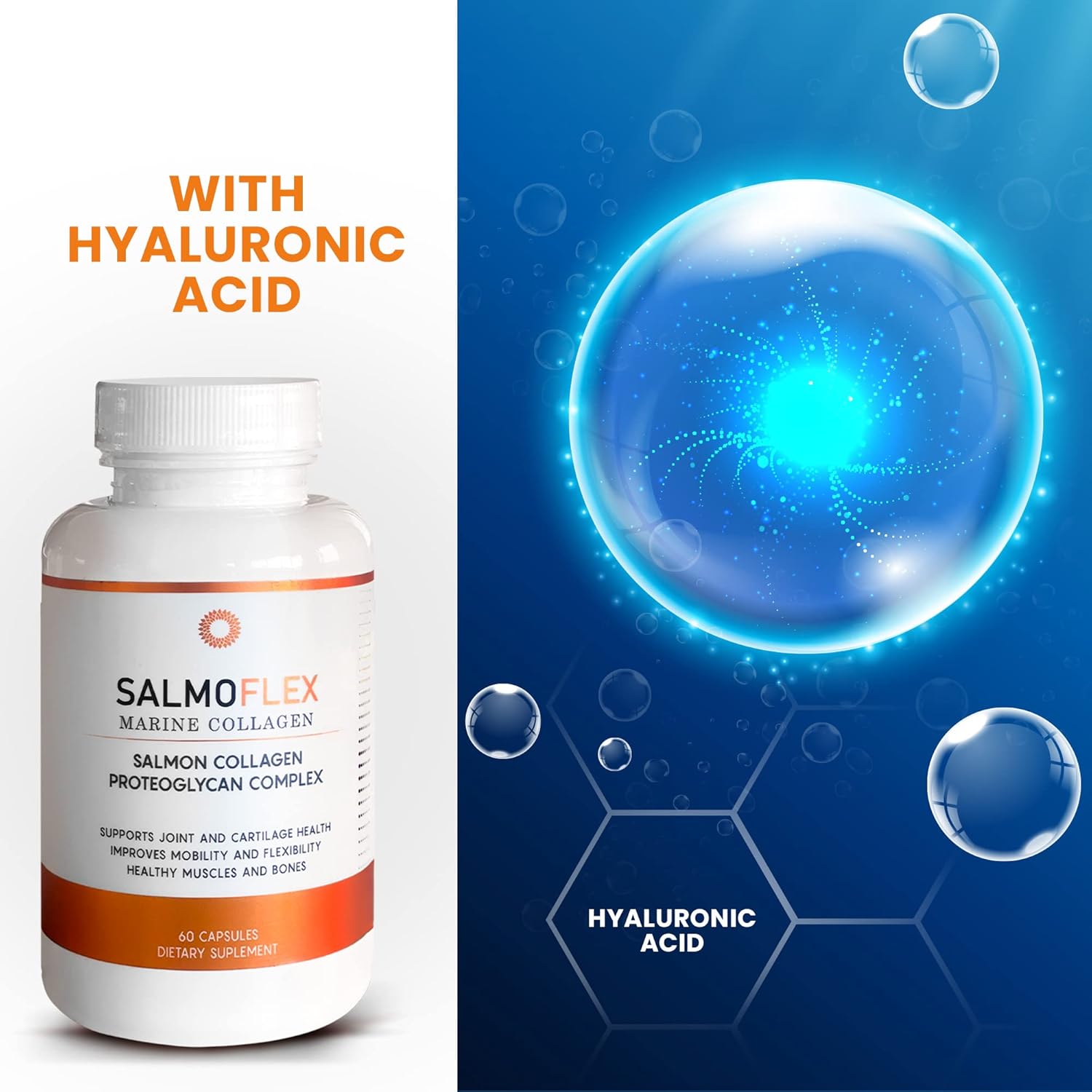 Salmon Collagen Supplement with Hyaluronic Acid, Vitamin C, D, E - Bone & Joint Support - Hair, Skin, Nail Vitamins - 60 Capsules (2 Pack)