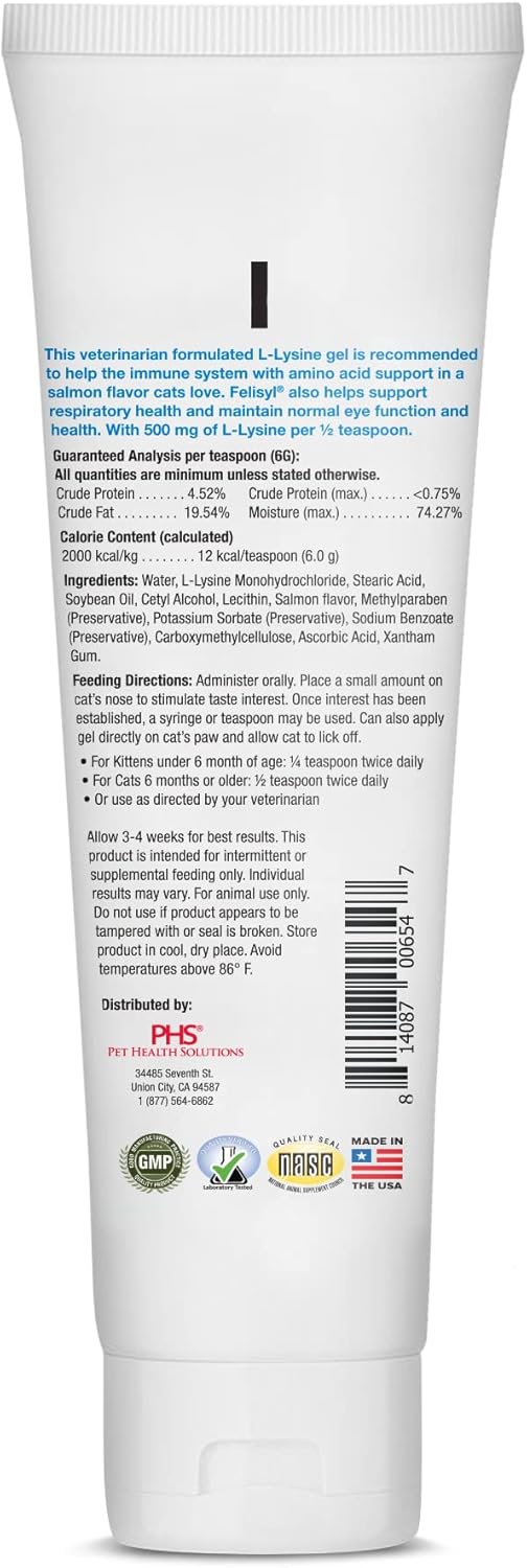 Salmon-Flavored Felisyl L-Lysine Gel for Cats - 6-Pack, 30 oz - USA-Made Supplement for Healthy Tissue, Respiratory Health, and Vision Support - Immune Boosting Formula