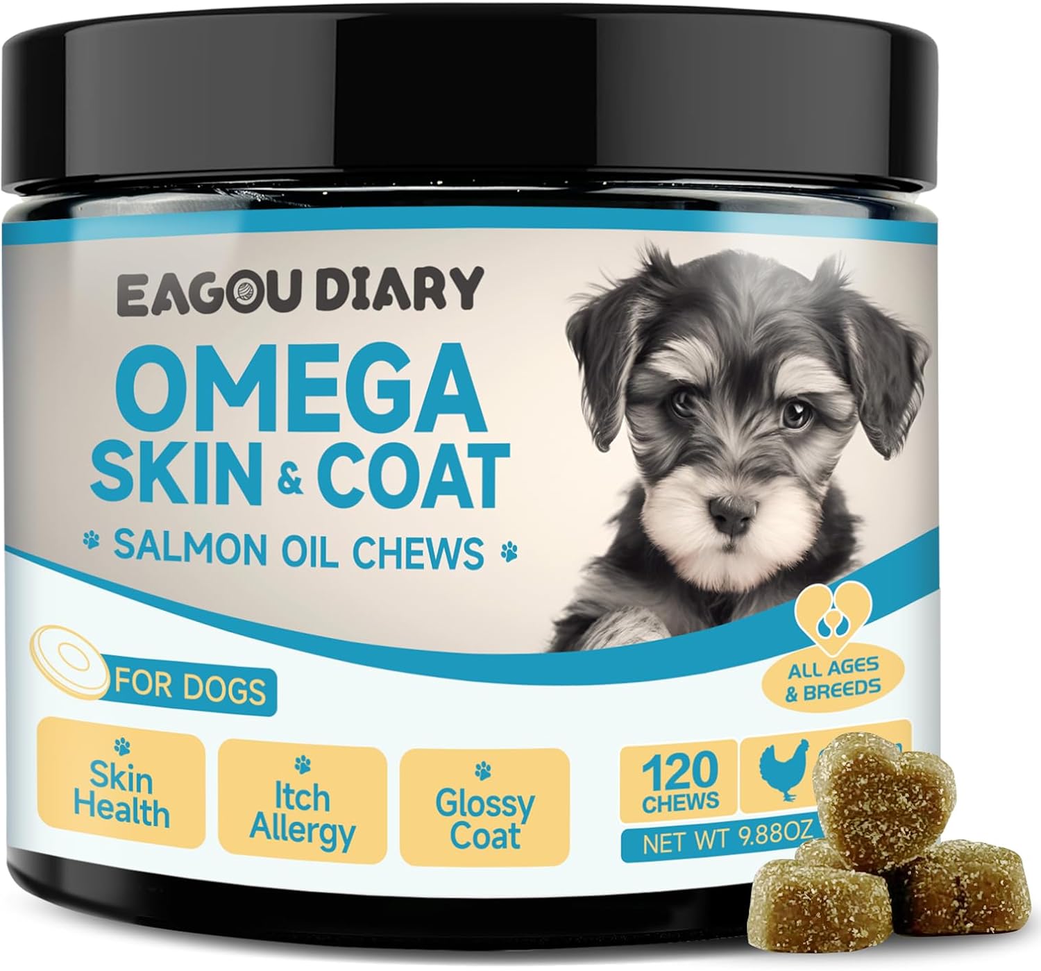 Salmon Oil Chews for Dogs with Omega 3, EPA & DHA Fatty Acids, Vitamins, and Minerals for Skin & Coat Health (120 Ct)