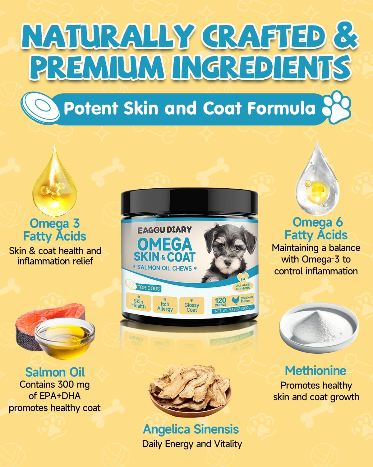 Salmon Oil Chews for Dogs with Omega 3, EPA & DHA Fatty Acids, Vitamins, and Minerals for Skin & Coat Health (120 Ct)