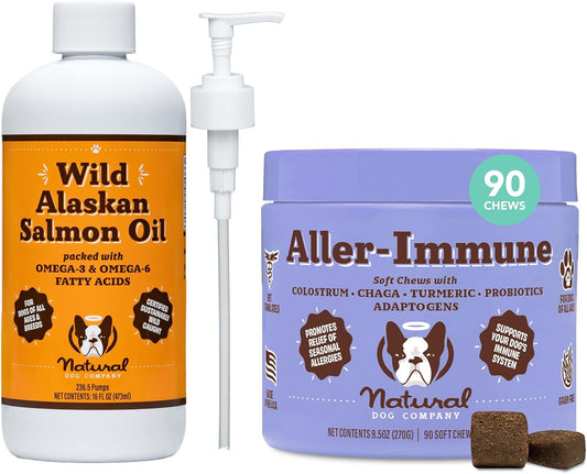 Salmon Oil & Colostrum Bundle for Dogs: Allergy Prevention & Healthy Skin - Natural Dog Company Wild Alaskan Salmon Oil & Aller-Immune Chews