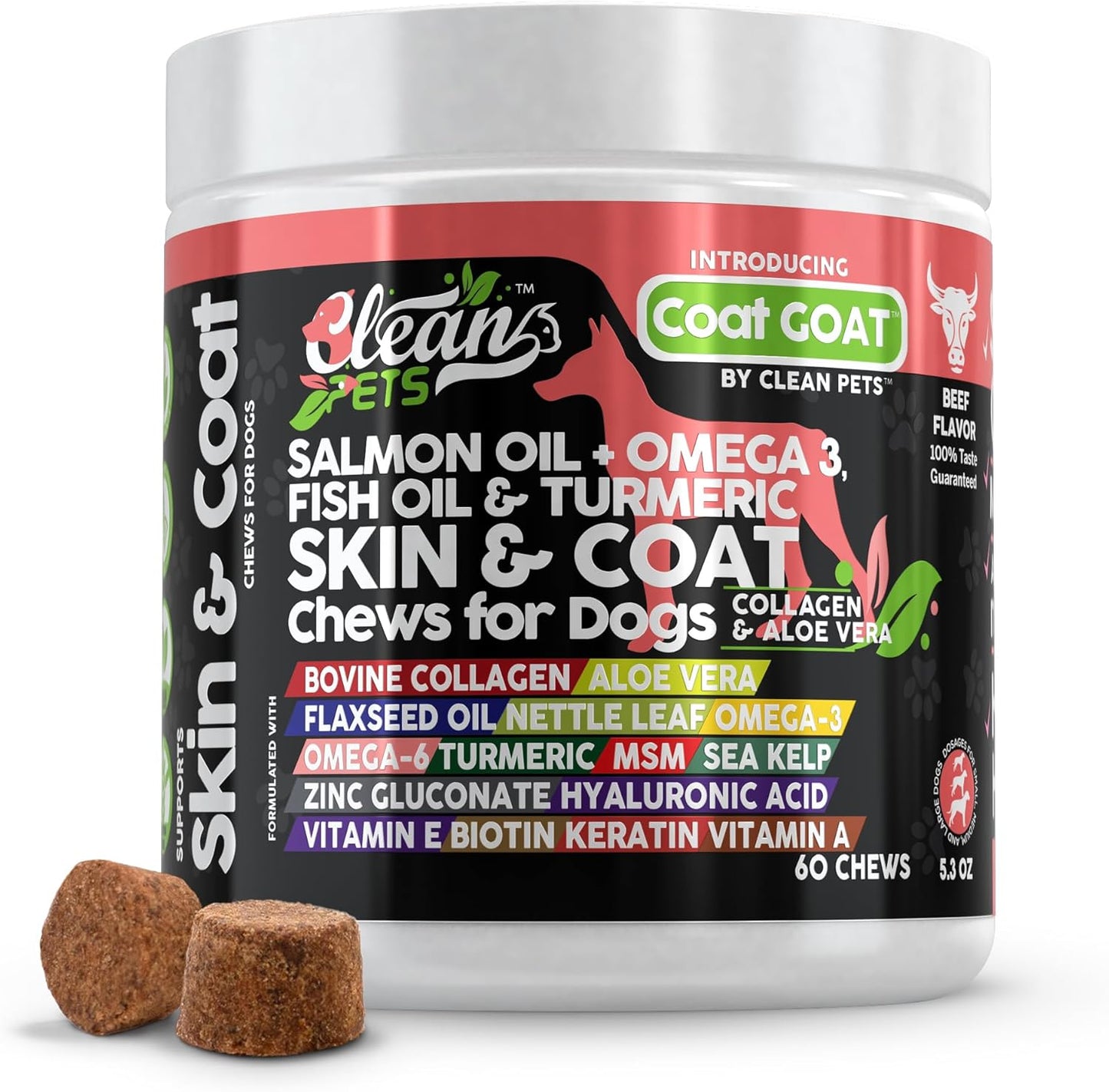 Salmon Oil Omega 3 Skin and Coat Supplement for Dogs with Collagen, Aloe Vera, Biotin, and Vitamins