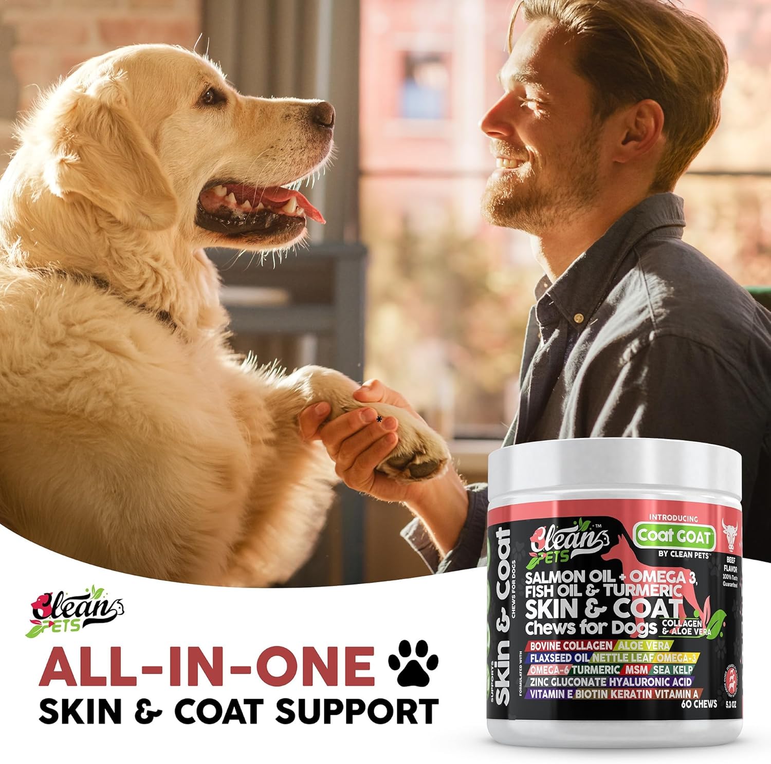 Salmon Oil Omega 3 Skin and Coat Supplement for Dogs with Collagen, Aloe Vera, Biotin, and Vitamins