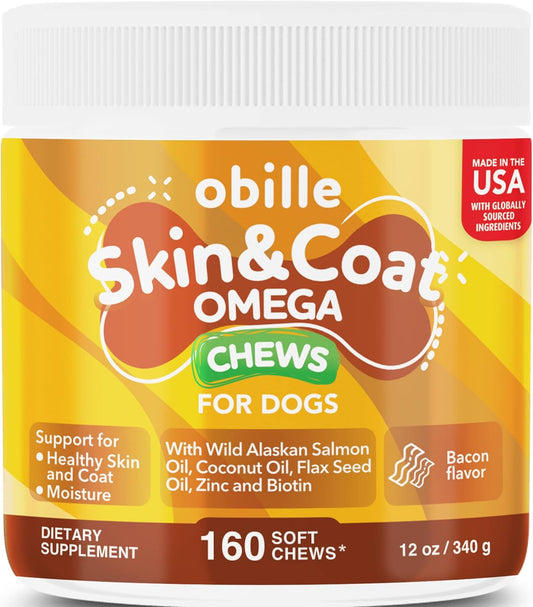Salmon Oil Supplement for Dogs - 160 Chews, 12oz - Promotes Shiny Coat, Soothes Dry Skin, Supports Immune & Heart Health, Reduces Allergies & Shedding