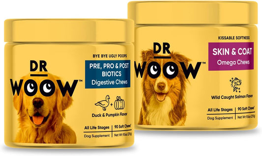 Salmon Skin Health Soft Chew Supplement Bundle for Dogs - Pre, Pro, PostBiotic+ with Vitamins, Zinc, Biotin, Probiotics, Omega 3 Fish Oil, and Wild Alaskan Salmon Oil - Itchy Skin Relief