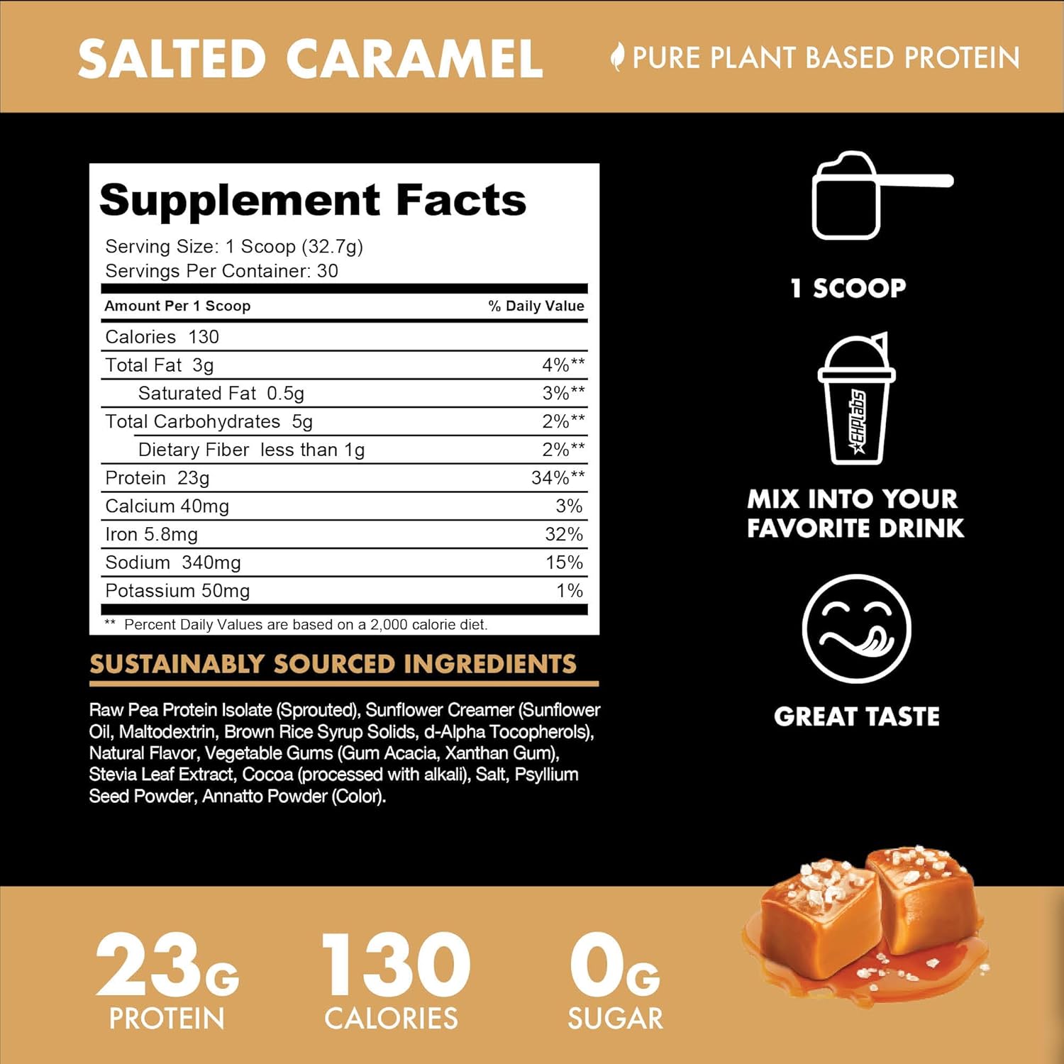 Salted Caramel Plant Based Vegan Protein Powder - 23g Pea Protein Shake Meal Replacement, Dairy/Gluten/Soy Free, No Sugar Added - 30 Servings