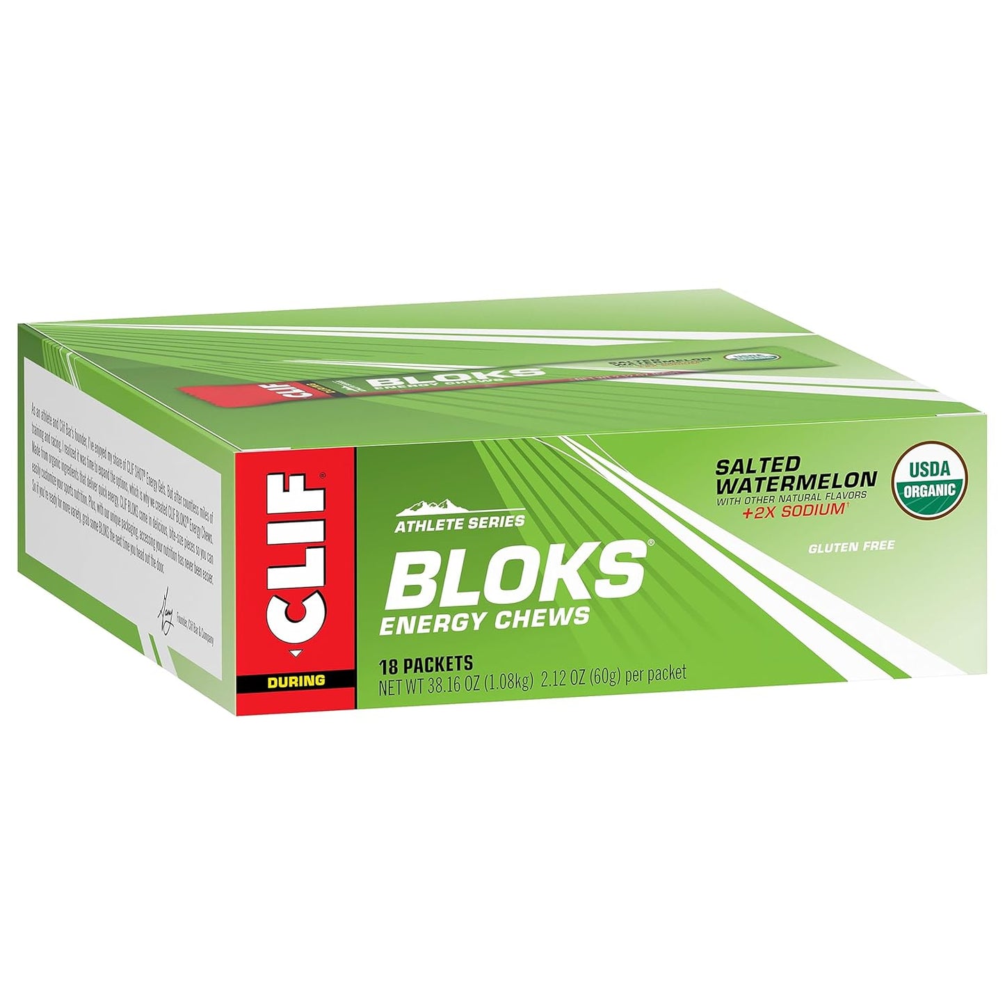 Salted Watermelon CLIF BLOKS with 2X Sodium - Energy Chews for Cycling and Running - Non-GMO Plant Based Fuel - Carbohydrates and Electrolytes - 2.12 oz (18 Count)