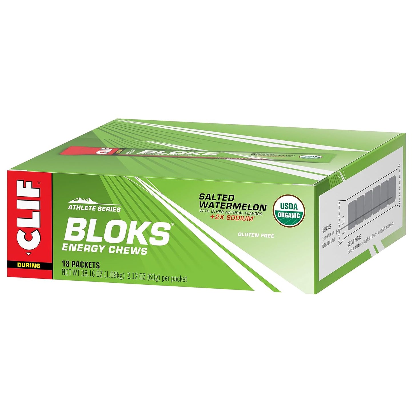 Salted Watermelon CLIF BLOKS with 2X Sodium - Energy Chews for Cycling and Running - Non-GMO Plant Based Fuel - Carbohydrates and Electrolytes - 2.12 oz (18 Count)