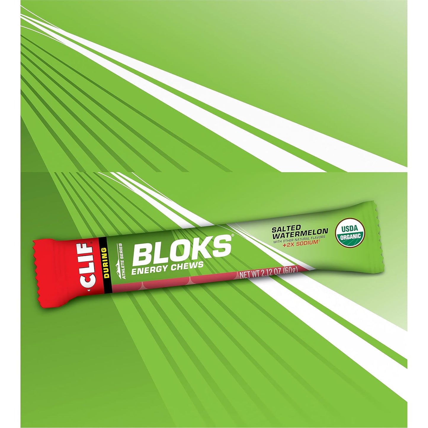Salted Watermelon CLIF BLOKS with 2X Sodium - Energy Chews for Cycling and Running - Non-GMO Plant Based Fuel - Carbohydrates and Electrolytes - 2.12 oz (18 Count)