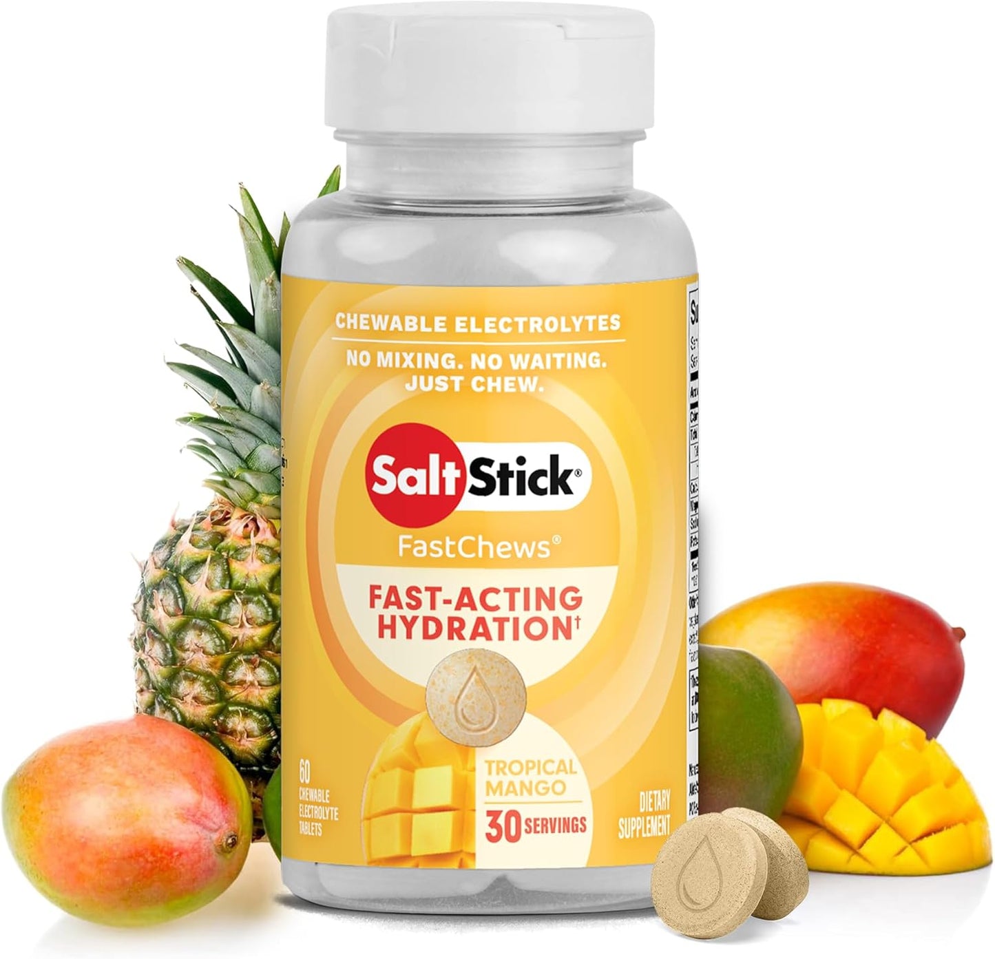 SaltStick Electrolyte FastChews - Tropical Mango Flavor Chewable Electrolyte Tablets for Runners - Hydration Salt Chews - 60 Count