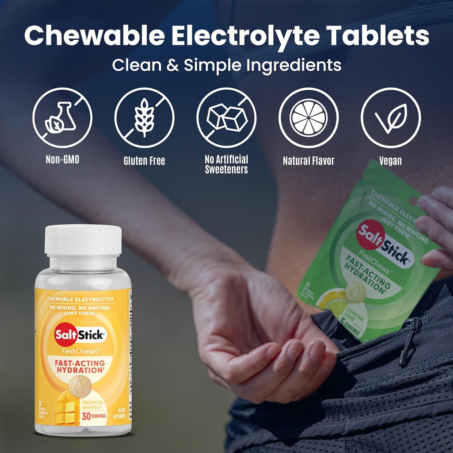 SaltStick Electrolyte FastChews - Tropical Mango Flavor Chewable Electrolyte Tablets for Runners - Hydration Salt Chews - 60 Count