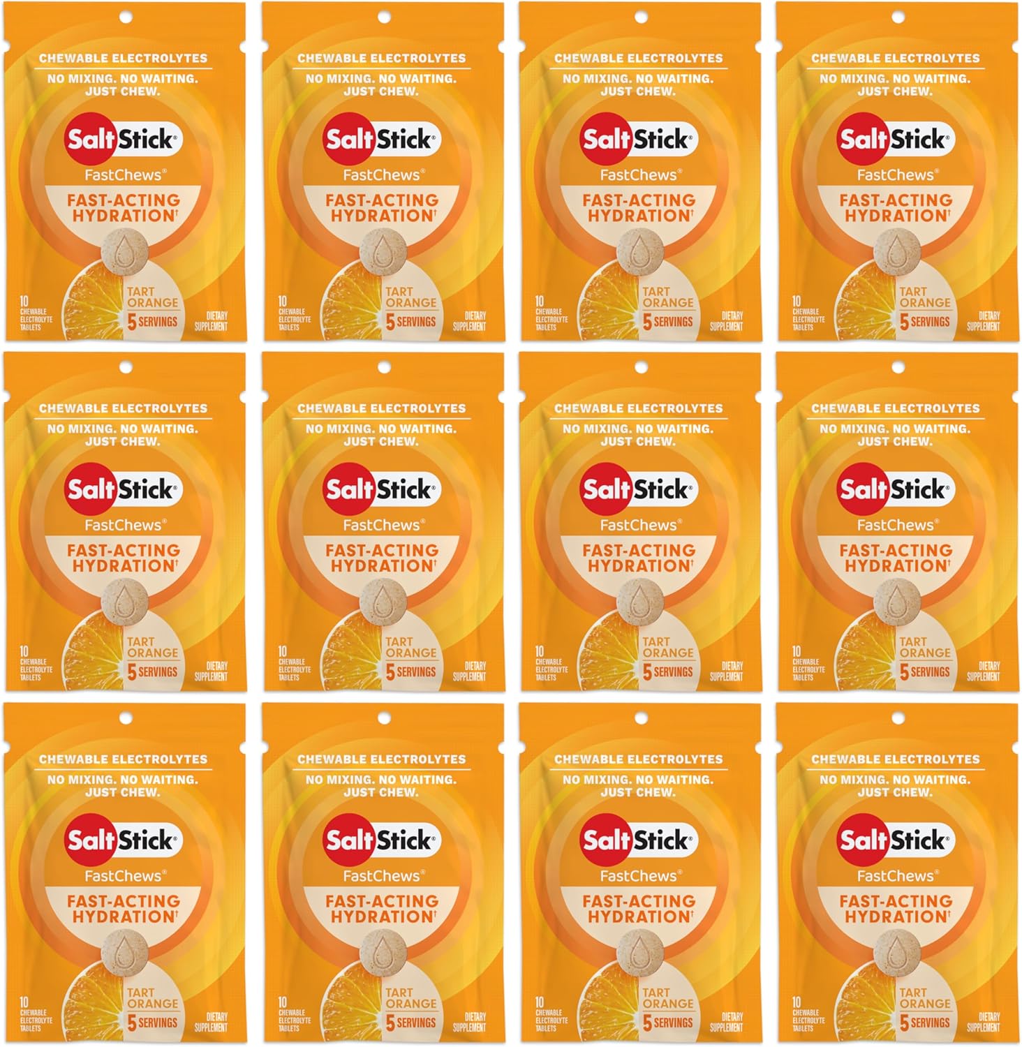 SaltStick Electrolyte FastChews Chewable Tablets - Orange, 120 Count - Hydration & Electrolyte Chews for Runners and Sports Nutrition - 12 Packs of 10 Tablets