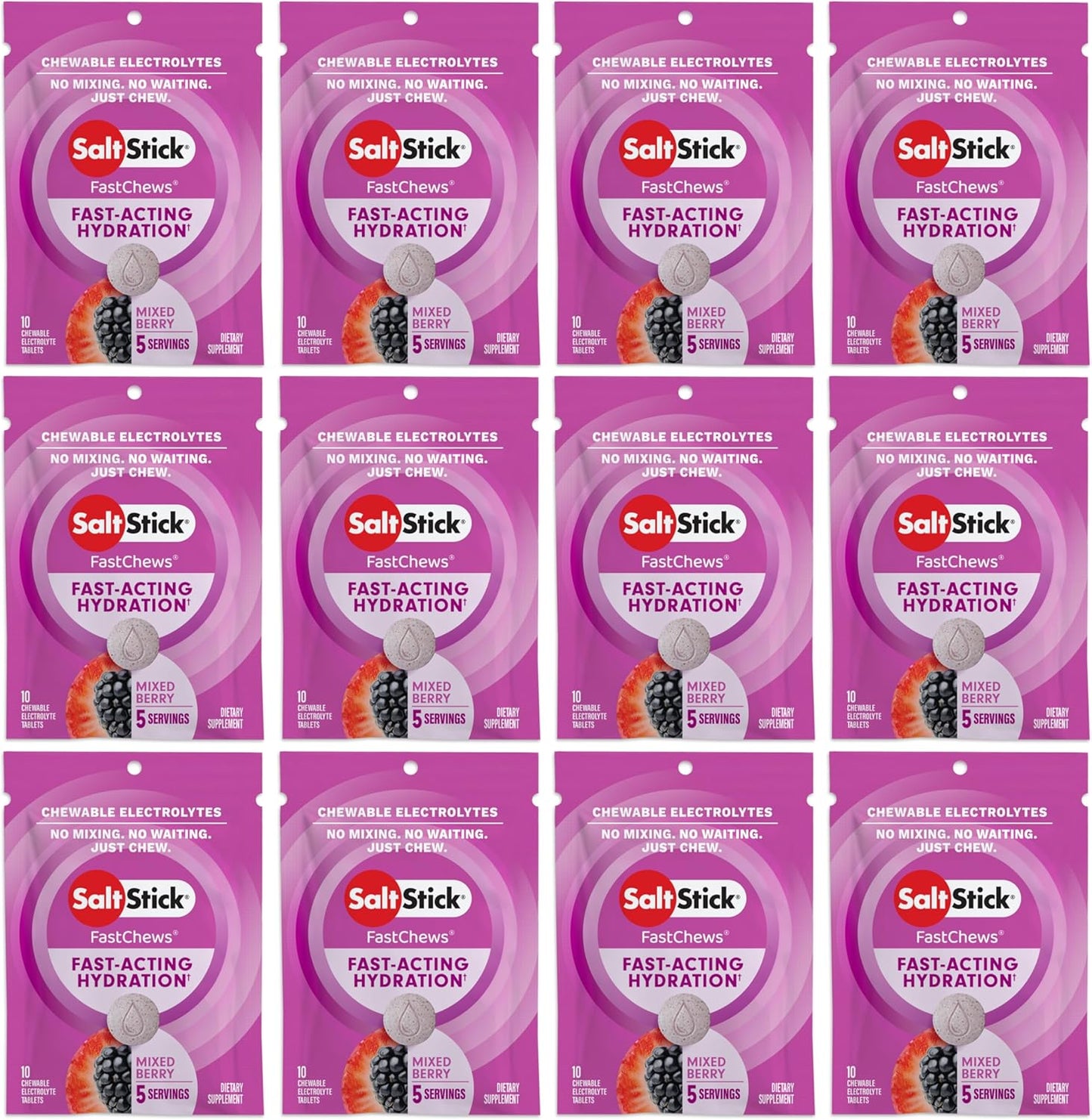 SaltStick Electrolyte FastChews Chewable Tablets - Mixed Berry (120 Count) | Runners Salt Tablets, Sports Nutrition, Hydration & Electrolyte Chews | 12 Packets of 10 Tablets