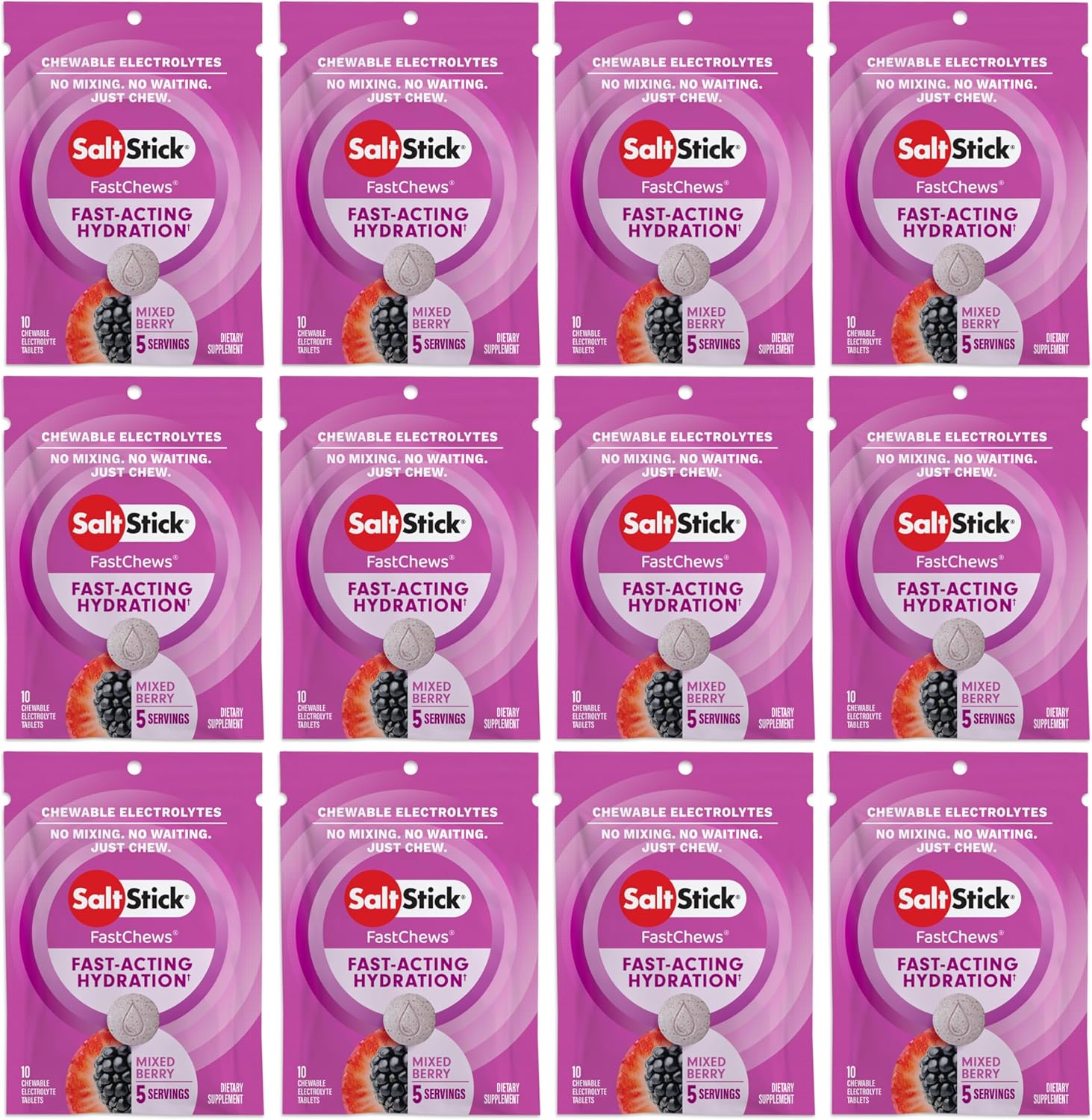 SaltStick Electrolyte FastChews Chewable Tablets - Mixed Berry (120 Count) | Runners Salt Tablets, Sports Nutrition, Hydration & Electrolyte Chews | 12 Packets of 10 Tablets