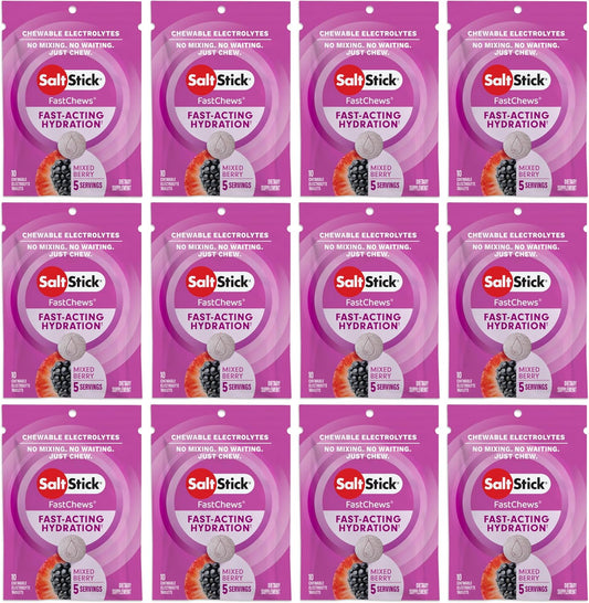 SaltStick Electrolyte FastChews Chewable Tablets - Mixed Berry (120 Count) | Runners Salt Tablets, Sports Nutrition, Hydration & Electrolyte Chews | 12 Packets of 10 Tablets