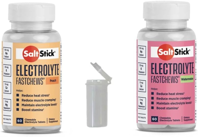 SaltStick FASTCHEWS® Variety 2-Pack - 60 Count Bottles of Peach & Watermelon for Quick Energy Boost During Races