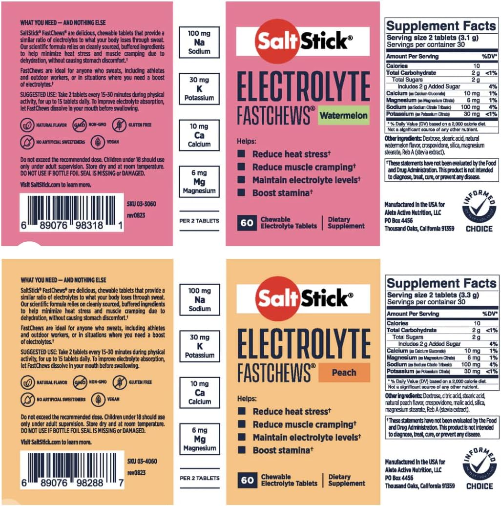 SaltStick FASTCHEWS® Variety 2-Pack - 60 Count Bottles of Peach & Watermelon for Quick Energy Boost During Races