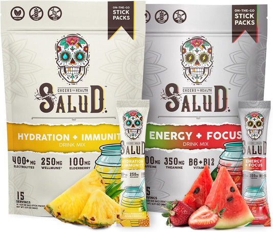 Salud Salud 2-Pack | Hydration + Immunity Pineapple & Energy + Focus Strawberry Watermelon Drink Mix - 15 Servings Each, Non-GMO, Gluten Free, Vegan, Low Calorie