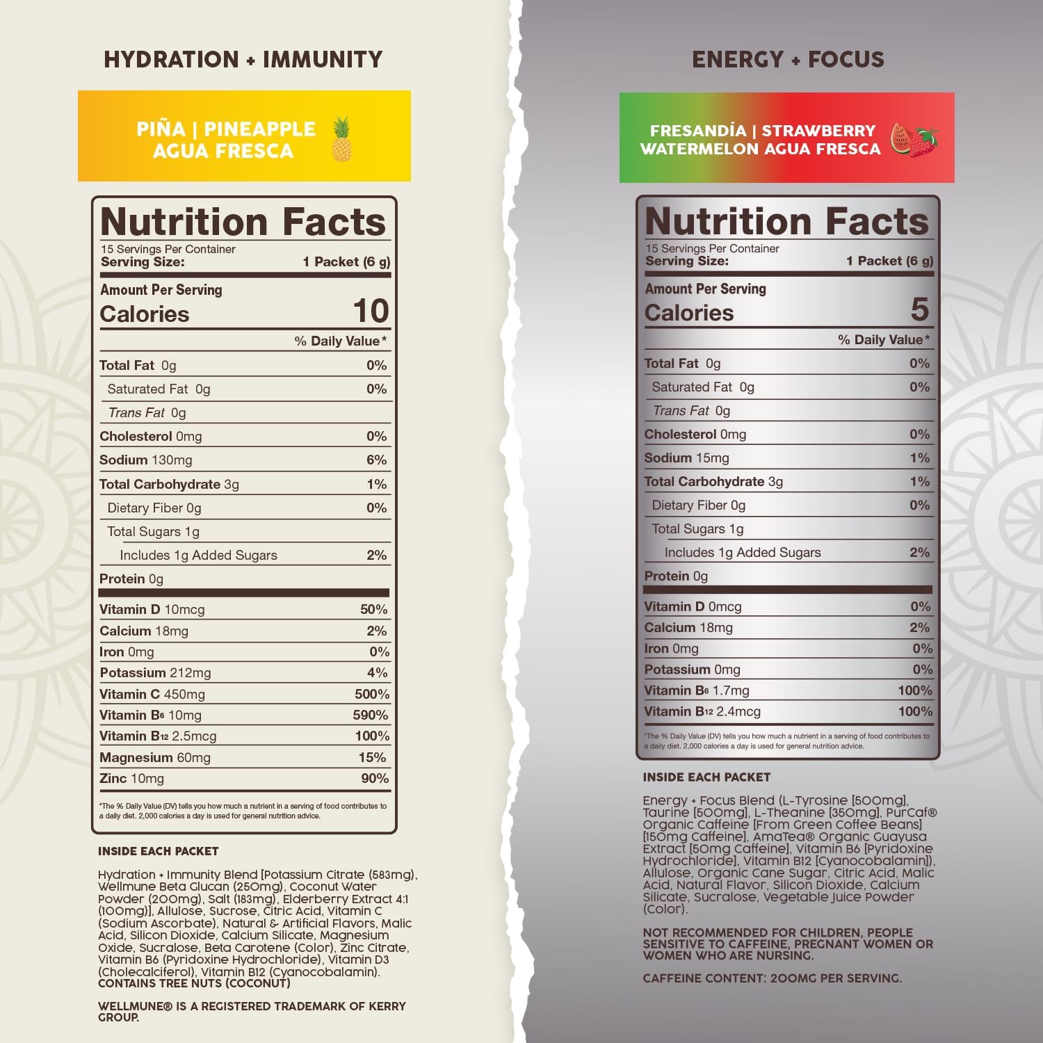 Salud Salud 2-Pack | Hydration + Immunity Pineapple & Energy + Focus Strawberry Watermelon Drink Mix - 15 Servings Each, Non-GMO, Gluten Free, Vegan, Low Calorie