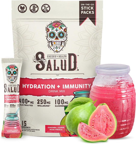 Salud Salud Guava Flavored 2-in-1 Hydration Packets with Immunity Electrolytes - Elderberry, Dairy & Soy Free, Vegan, Non-GMO, Gluten Free, Low Calorie Drink Mix (15 Servings)