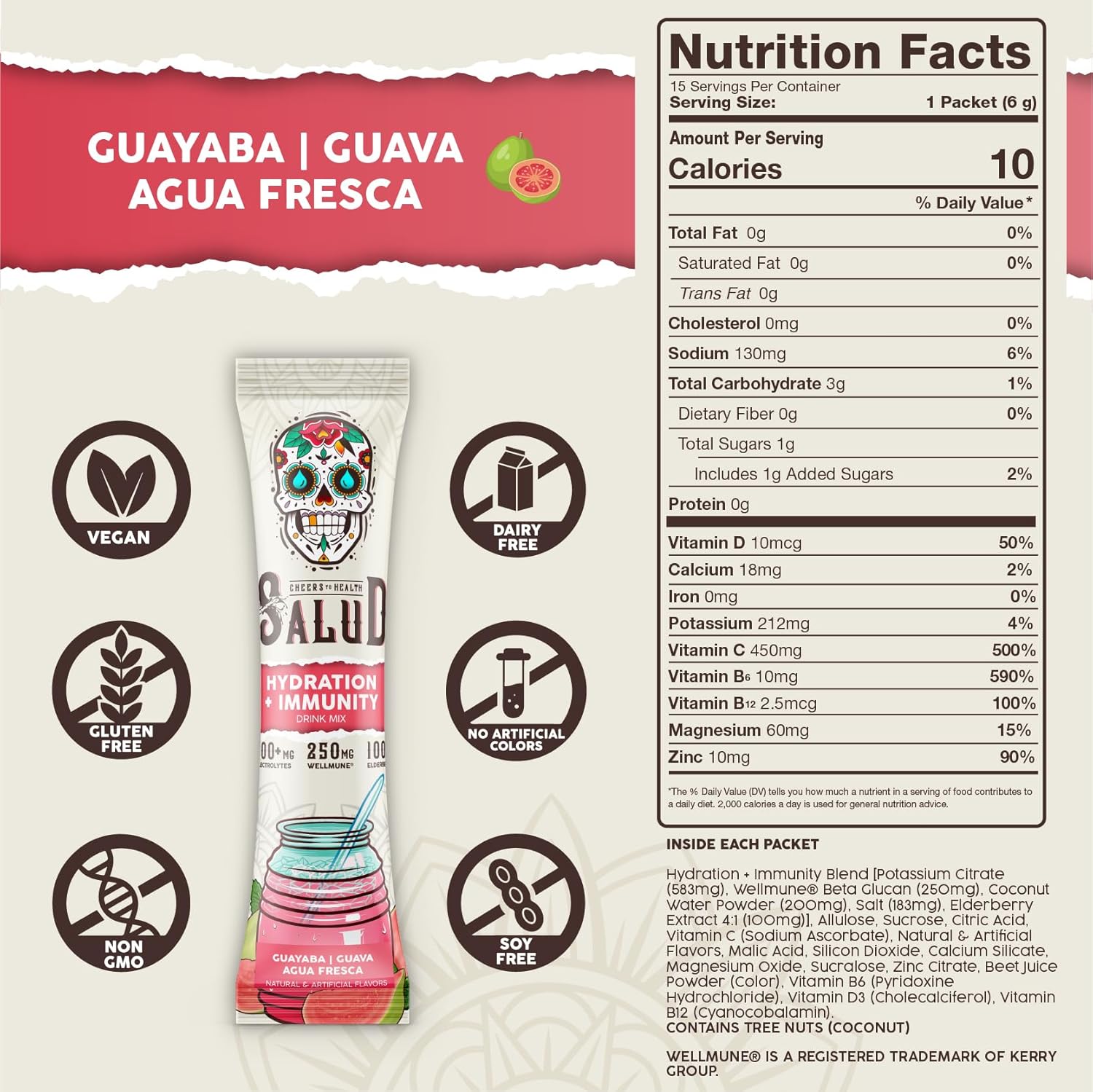 Salud Salud Guava Flavored 2-in-1 Hydration Packets with Immunity Electrolytes - Elderberry, Dairy & Soy Free, Vegan, Non-GMO, Gluten Free, Low Calorie Drink Mix (15 Servings)
