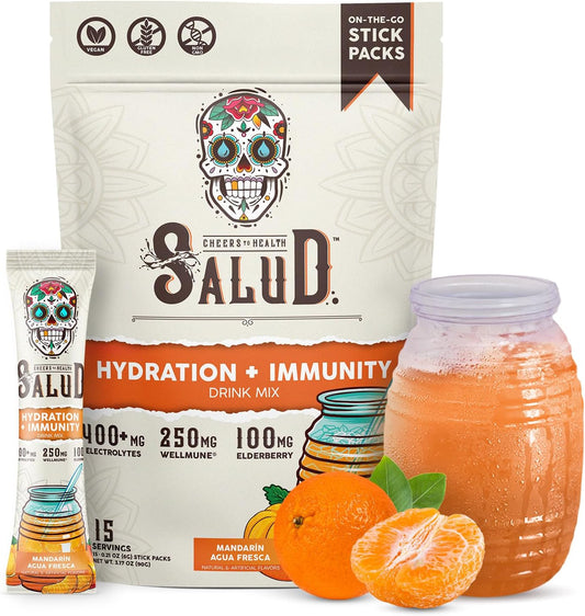 Salud Salud Mandarin Hydration Packets with Immunity Electrolytes Powder - Agua Fresca Drink Mix, Elderberry, 15 Servings