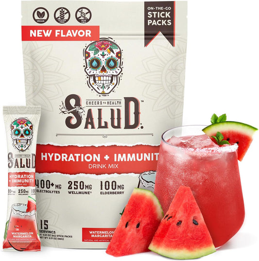 Salud Salud Watermelon Margarita 2-in-1 Electrolyte Powder - Immunity & Hydration Drink Mix, Elderberry, 15 Servings, Vegan & Gluten-Free