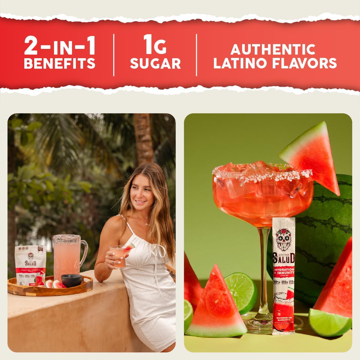 Salud Salud Watermelon Margarita 2-in-1 Electrolyte Powder - Immunity & Hydration Drink Mix, Elderberry, 15 Servings, Vegan & Gluten-Free