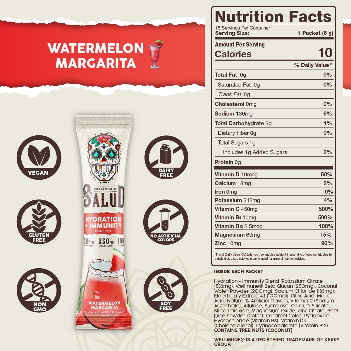 Salud Salud Watermelon Margarita 2-in-1 Electrolyte Powder - Immunity & Hydration Drink Mix, Elderberry, 15 Servings, Vegan & Gluten-Free