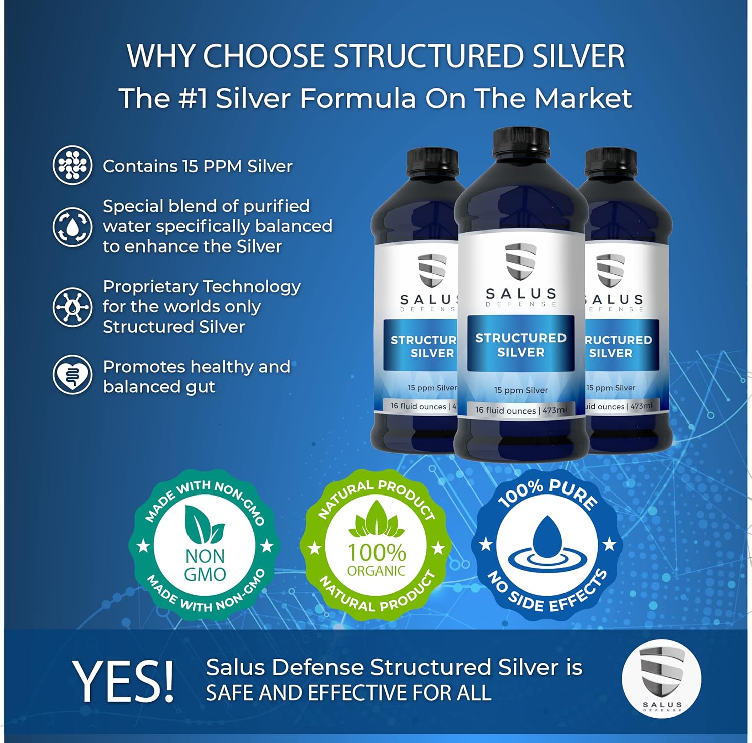 Salus Defense Structured Silver Liquid - Immune Support Supplement - 15ppm Advanced Technology - Natural, Additive-Free - 16oz (3 Pack)