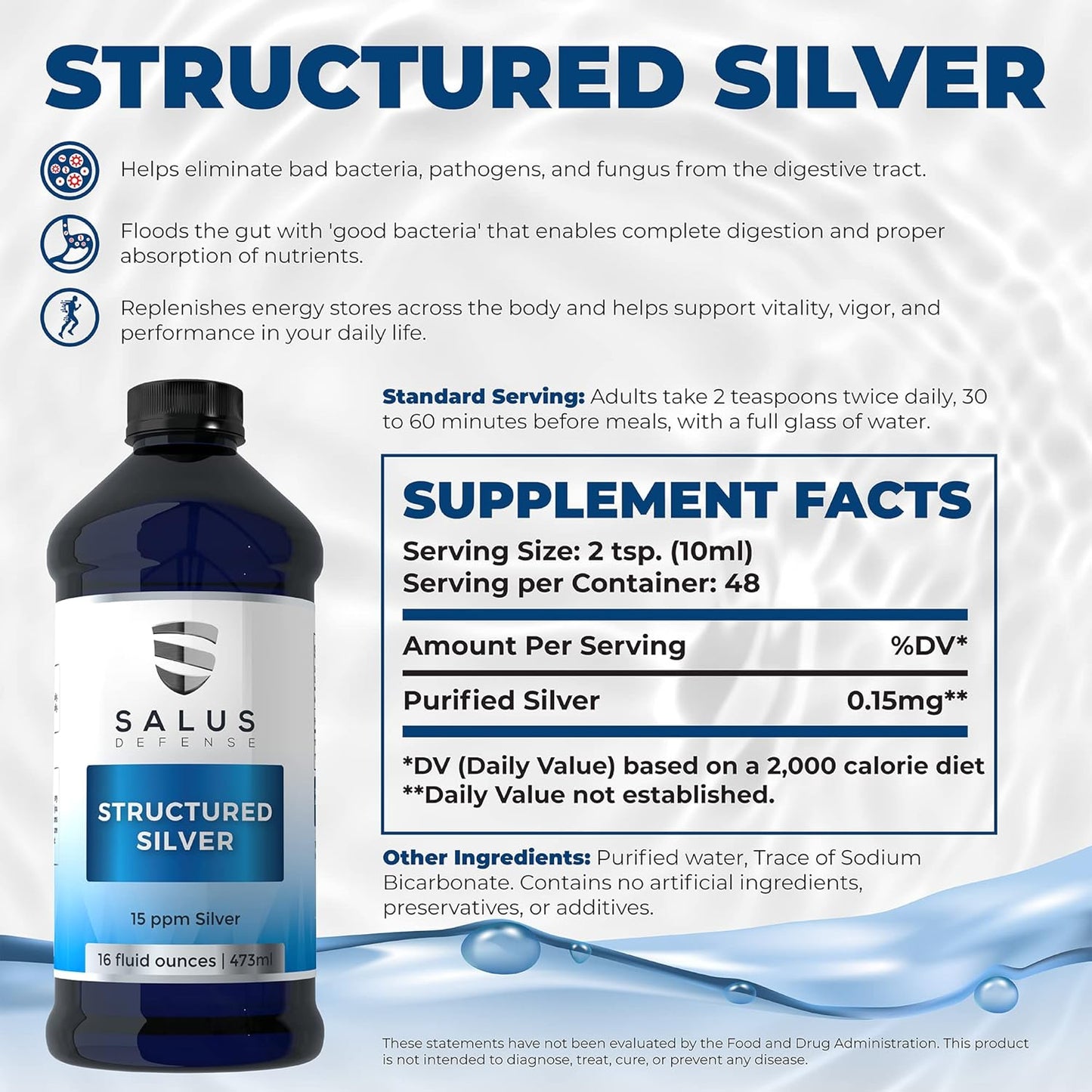 Salus Defense Structured Silver Liquid - Immune Support Supplement - 15ppm Advanced Technology - Natural, Additive-Free - 16oz (3 Pack)