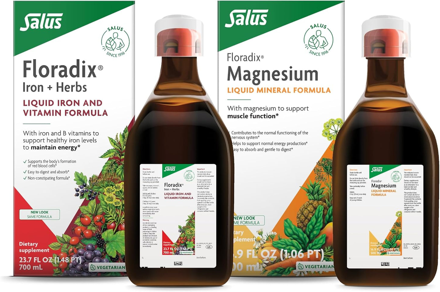 Salus Floradix Iron & Herbs Liquid Supplement Combo Pack - 23 oz Iron and 17 oz Magnesium