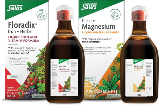Salus Floradix Iron & Herbs Liquid Supplement Combo Pack - 23 oz Iron and 17 oz Magnesium