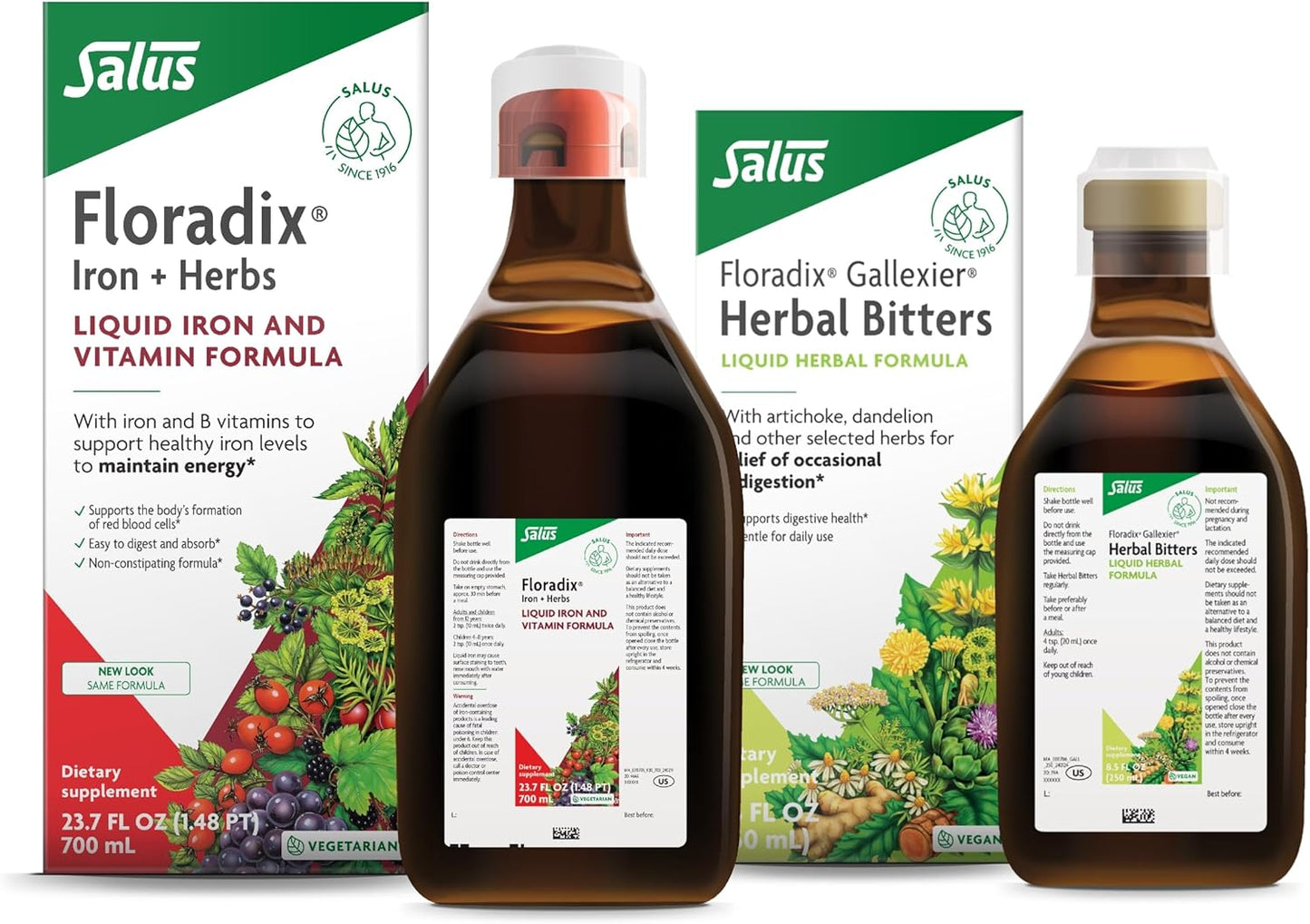 Salus Floradix Iron & Herbs Supplement 23 oz with Gallexier Herbal Bitters for Digestion
