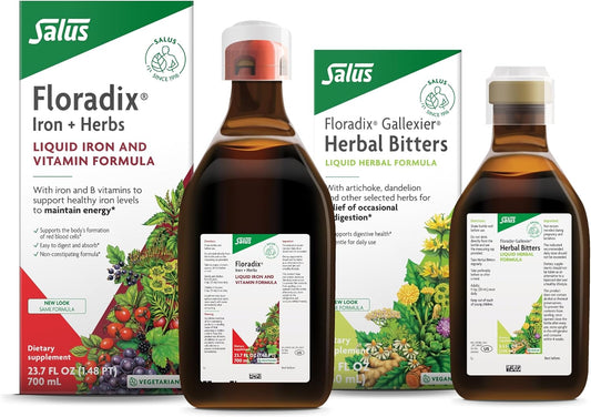 Salus Floradix Iron & Herbs Supplement 23 oz with Gallexier Herbal Bitters for Digestion