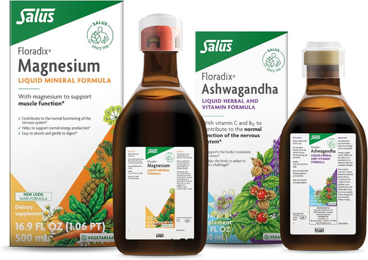 Salus Floradix Magnesium and Ashwagandha Liquid Bundle - 25.5 Fl Oz