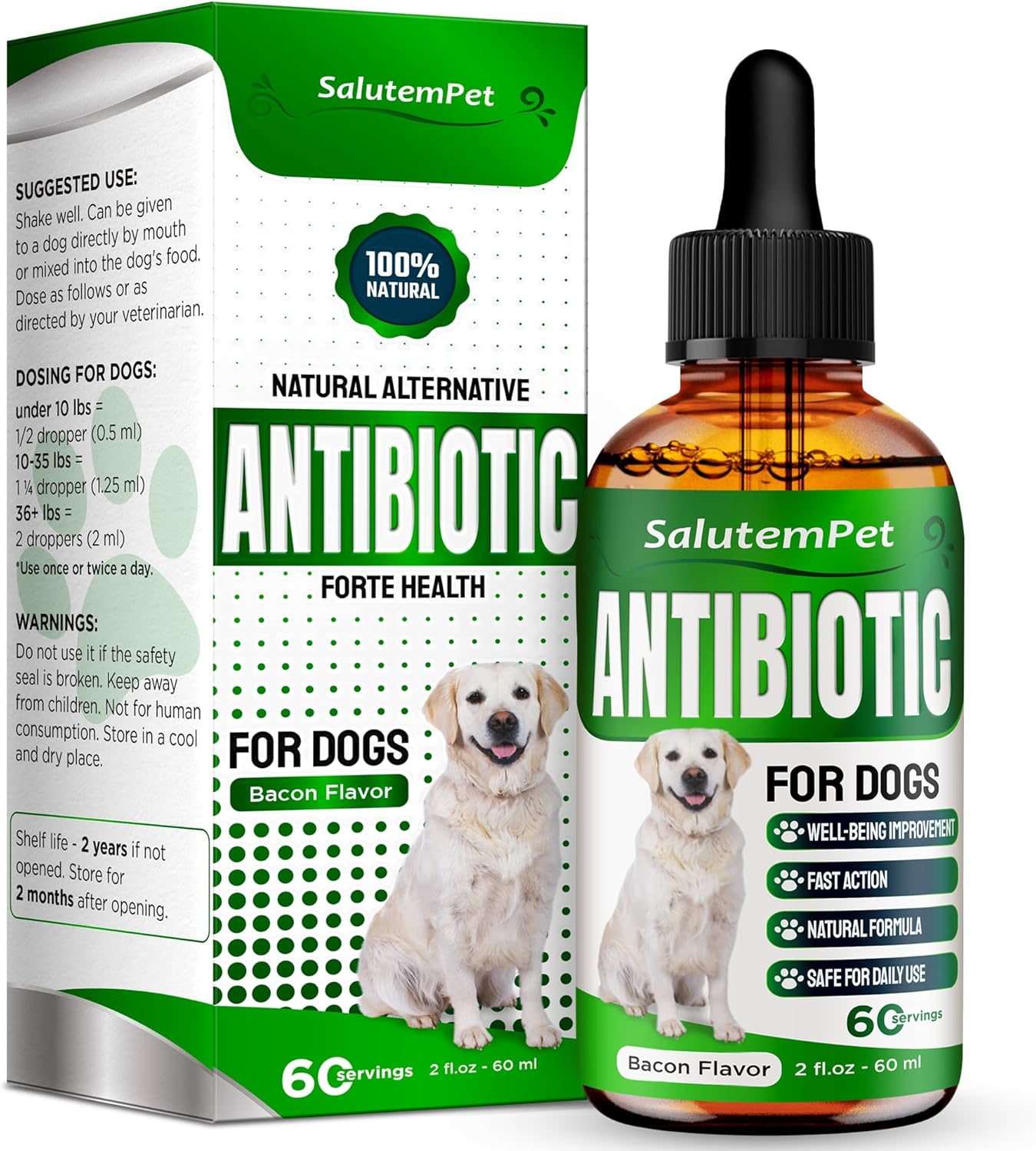 SalutemPet Bacon Flavored Natural Antibiotics for Dogs of All Ages - Herbal Blend for Allergies, UTIs, and Digestion - Supports HIPS & Joints - 2 Oz