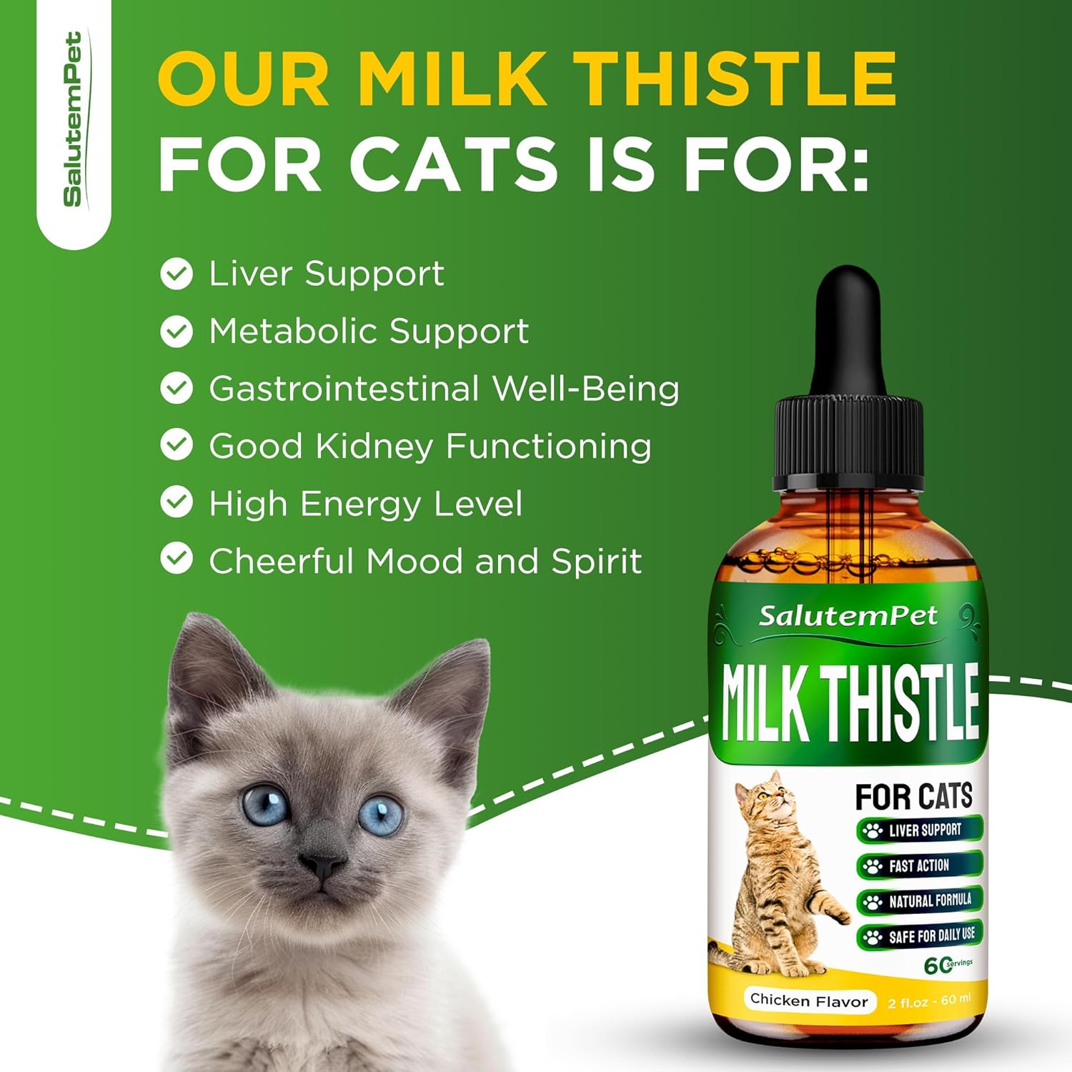 SalutemPet Cat Kidney Support Supplement with Milk Thistle for Cats - Herbal Solution for All Breeds - Chicken Flavor - 2 Oz