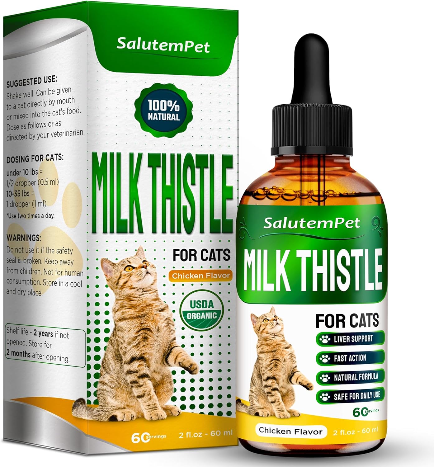 SalutemPet Cat Kidney Support with Milk Thistle - Herbal Supplement for Cats of All Breeds - Chicken Flavor - 2 Oz