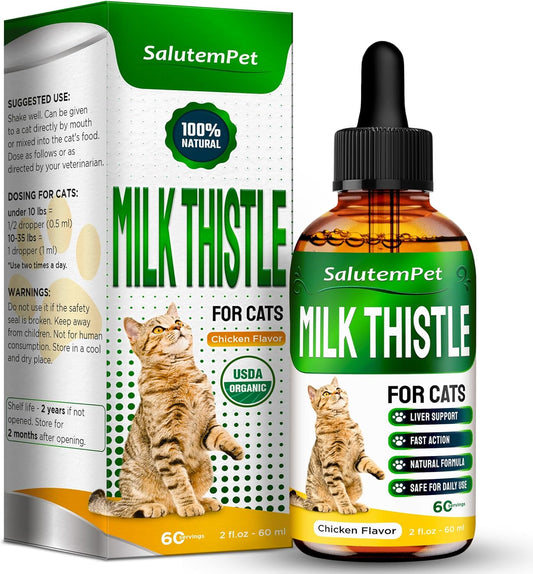 SalutemPet Cat Kidney Support with Milk Thistle - Herbal Supplement for Cats of All Breeds - Chicken Flavor - 2 Oz