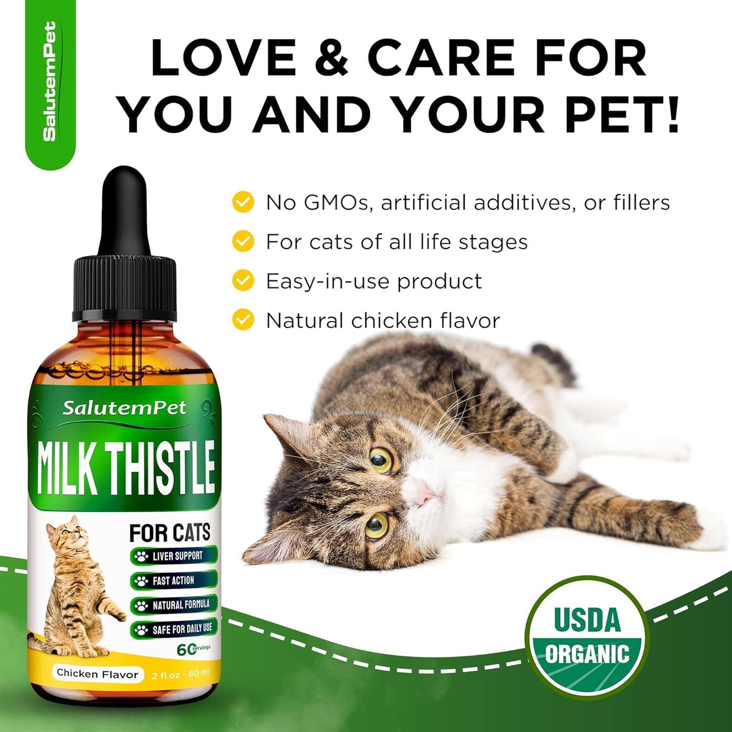 SalutemPet Cat Kidney Support with Milk Thistle - Herbal Supplement for Cats of All Breeds - Chicken Flavor - 2 Oz