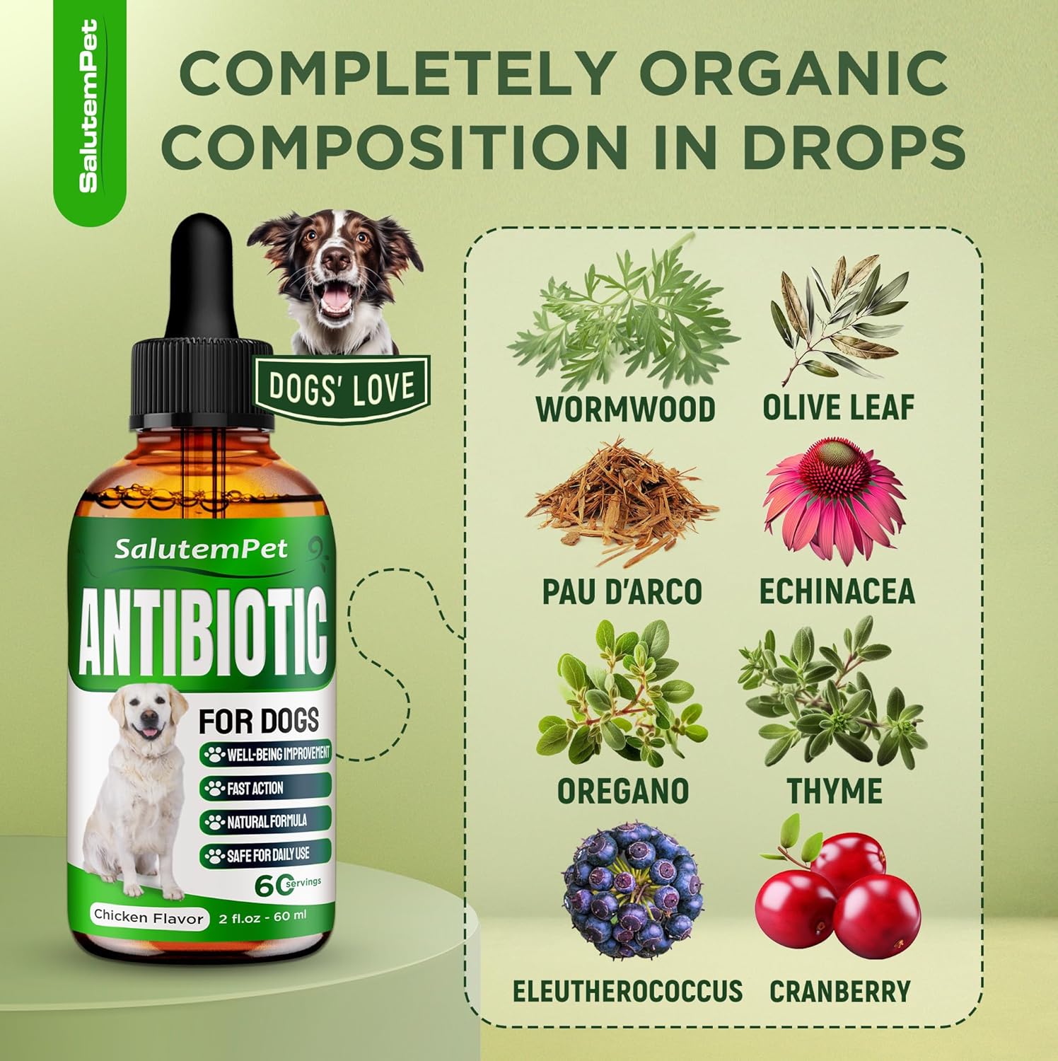 SalutemPet Organic Chicken-Flavored Herbal Antibiotics for Dogs | Natural Solution for Bone, Digestive, and Respiratory Health | Promotes Skin & Coat | Suitable for Dogs of All Ages | 2 Oz Bottle