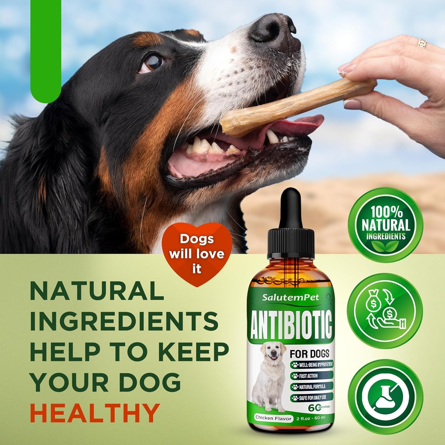 SalutemPet Organic Chicken-Flavored Herbal Antibiotics for Dogs | Natural Solution for Bone, Digestive, and Respiratory Health | Promotes Skin & Coat | Suitable for Dogs of All Ages | 2 Oz Bottle