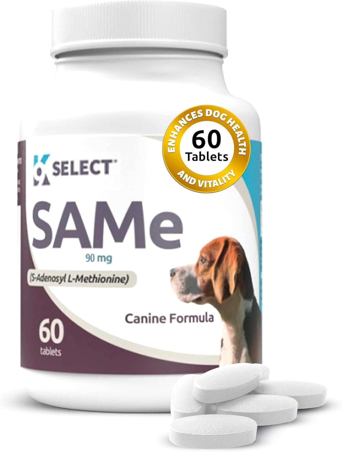 SAM-e Supplement for Small to Medium Adult Dogs - 60 Tablets with 90mg Active S-Adenosyl L-Methionine - Supports Hepatic Health, Cognitive Function, and Cell Growth - Multivitamin for Dogs