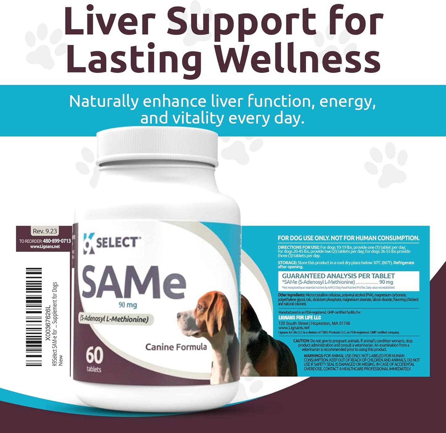 SAM-e Supplement for Small to Medium Adult Dogs - 60 Tablets with 90mg Active S-Adenosyl L-Methionine - Supports Hepatic Health, Cognitive Function, and Cell Growth - Multivitamin for Dogs