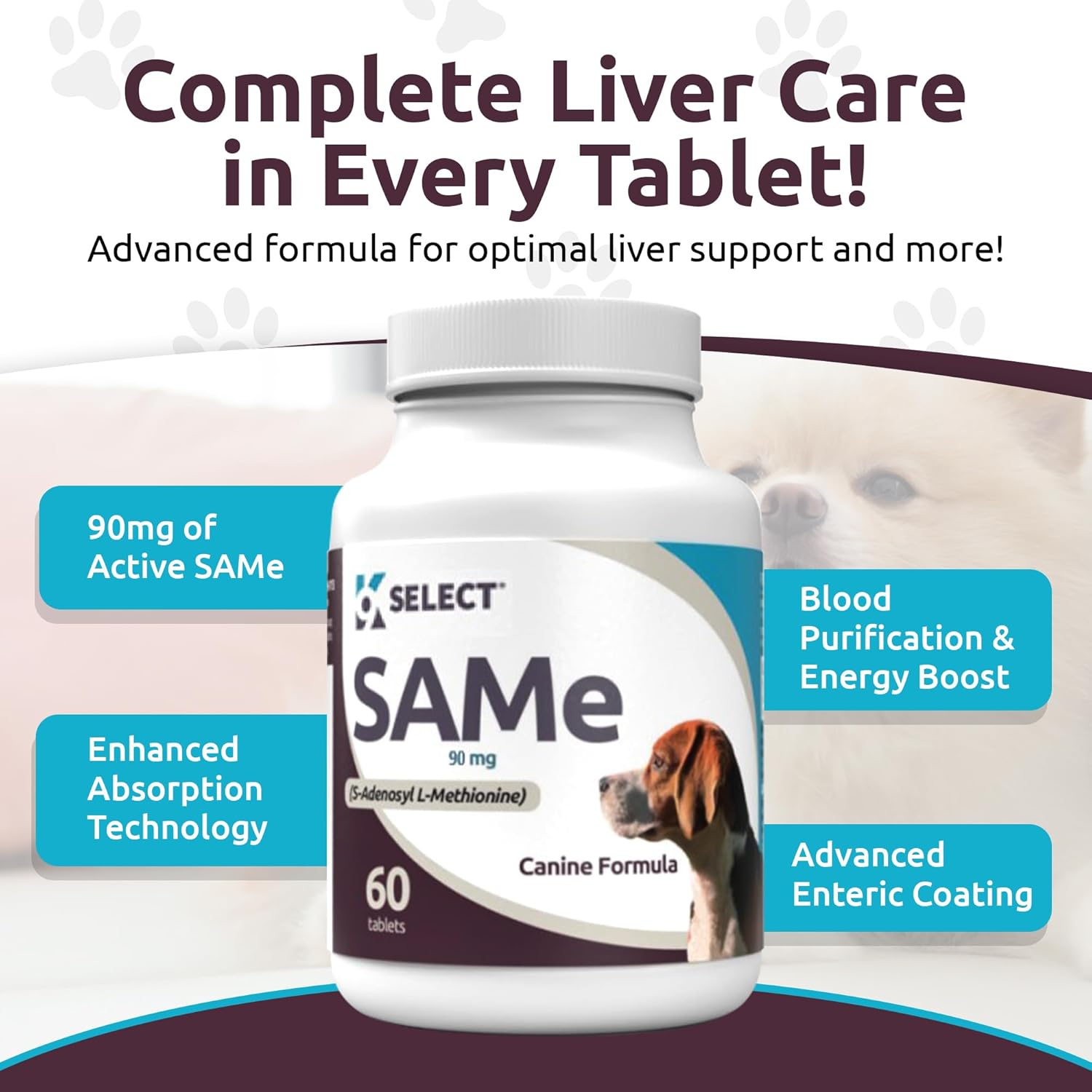 SAM-e Supplement for Small to Medium Adult Dogs - 60 Tablets with 90mg Active S-Adenosyl L-Methionine - Supports Hepatic Health, Cognitive Function, and Cell Growth - Multivitamin for Dogs