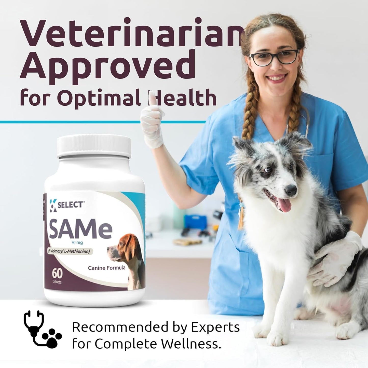 SAM-e Supplement for Small to Medium Adult Dogs - 60 Tablets with 90mg Active S-Adenosyl L-Methionine - Supports Hepatic Health, Cognitive Function, and Cell Growth - Multivitamin for Dogs